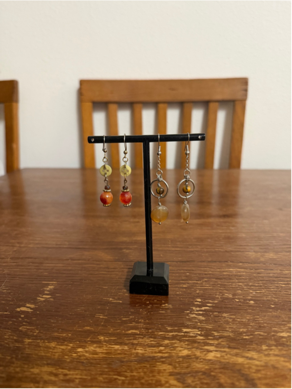 2 Pair Beaded Dangle Earrings Brown Orange Stone Silver Gold Tone Boho Jewelry